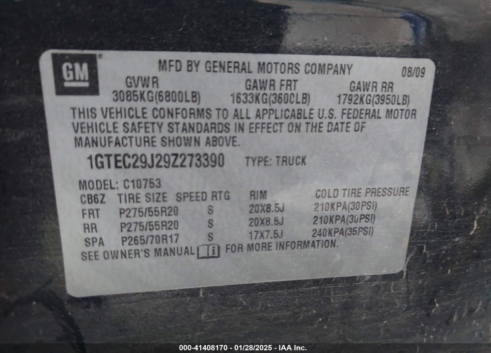 2009 GMC SIERRA VIN: 1GTEC29J29Z273390