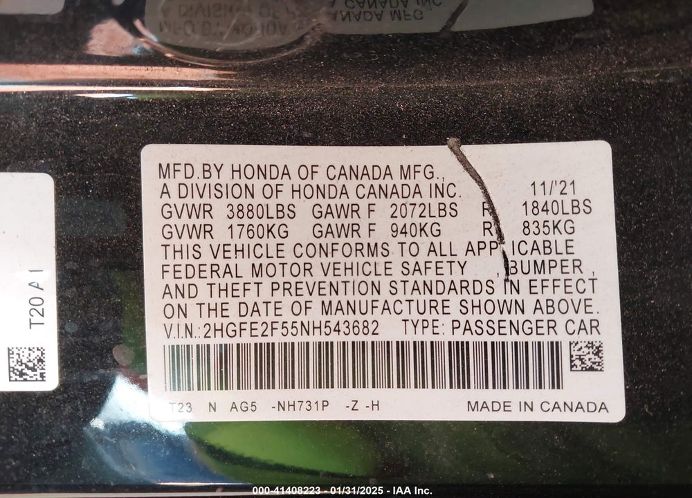 2022 HONDA CIVIC VIN: 2HGFE2F55NH543682