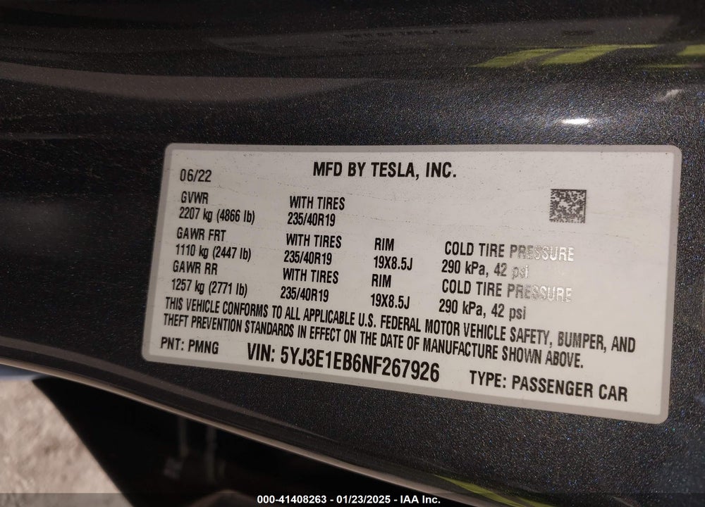 2022 TESLA MODEL 3 LONG RANGE DUAL MOTOR ALL-WHEEL DRIVE VIN: 5YJ3E1EB6NF267926