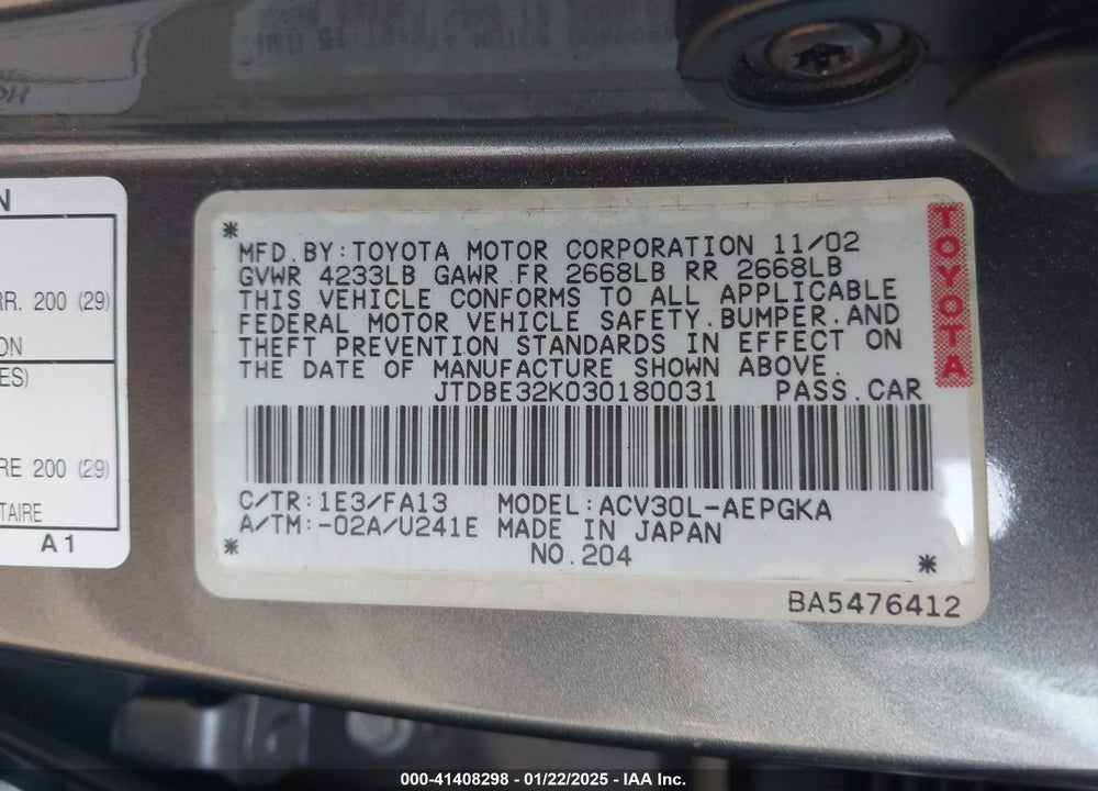 2003 TOYOTA CAMRY XLE VIN: JTDBE32K030180031