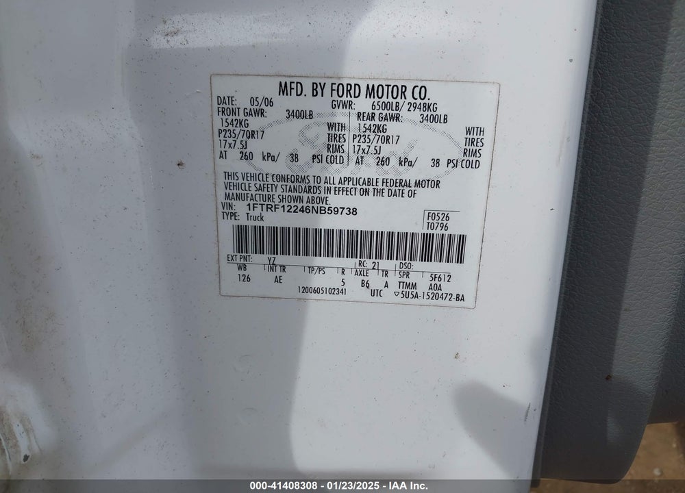 2006 FORD F150 VIN: 1FTRF12246NB59738