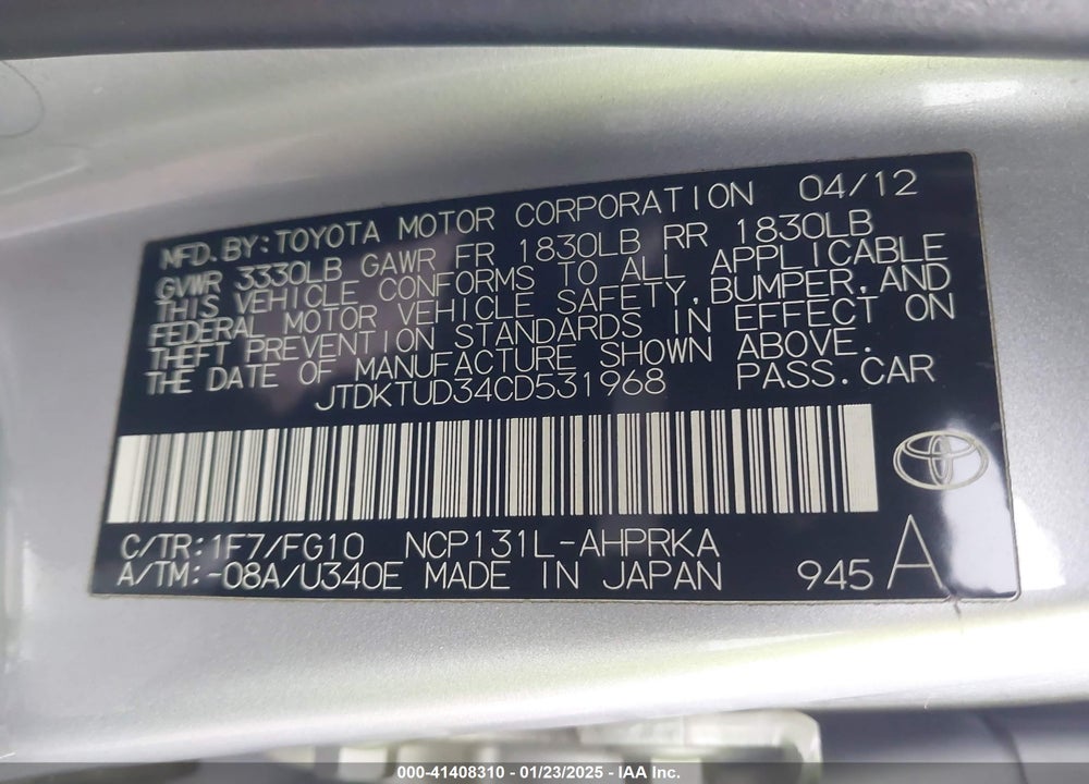 2012 TOYOTA YARIS VIN: JTDKTUD34CD531968