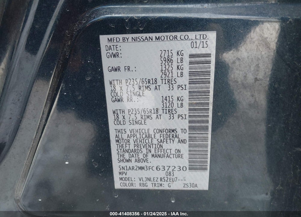 2015 NISSAN PATHFINDER PLATINUM/S/SL/SV VIN: 5N1AR2MM3FC637230
