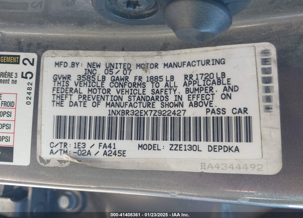 2007 TOYOTA COROLLA VIN: 1NXBR32EX7Z922427