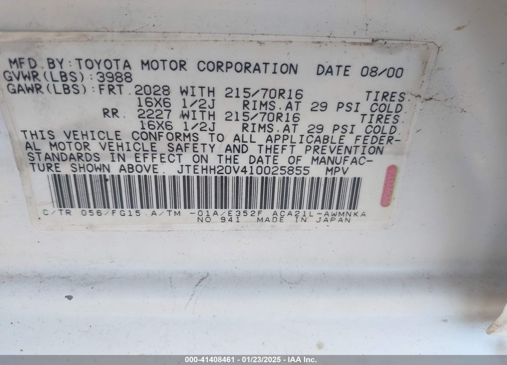 2001 TOYOTA RAV4 VIN: JTEHH20V410025855
