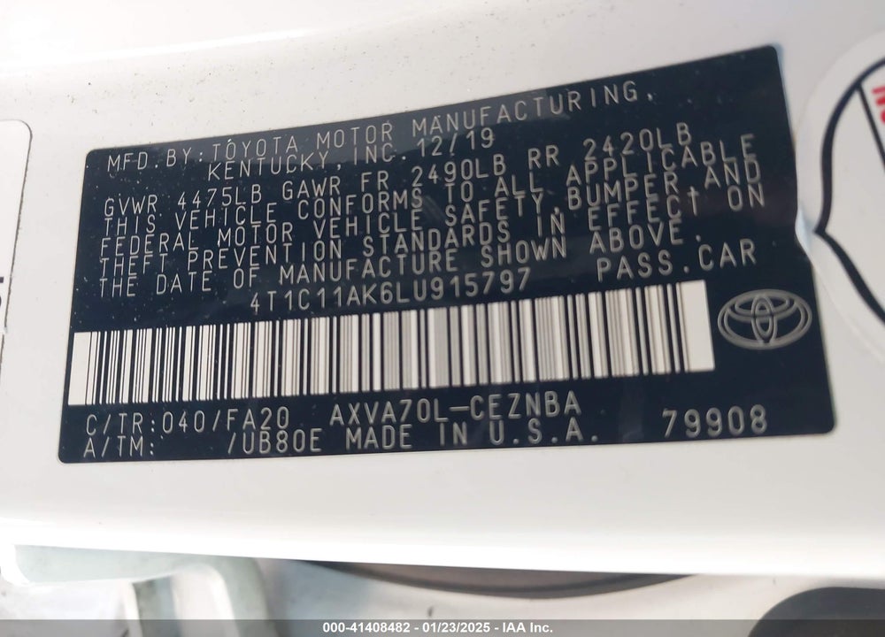 2020 TOYOTA CAMRY VIN: 4T1C11AK6LU915797
