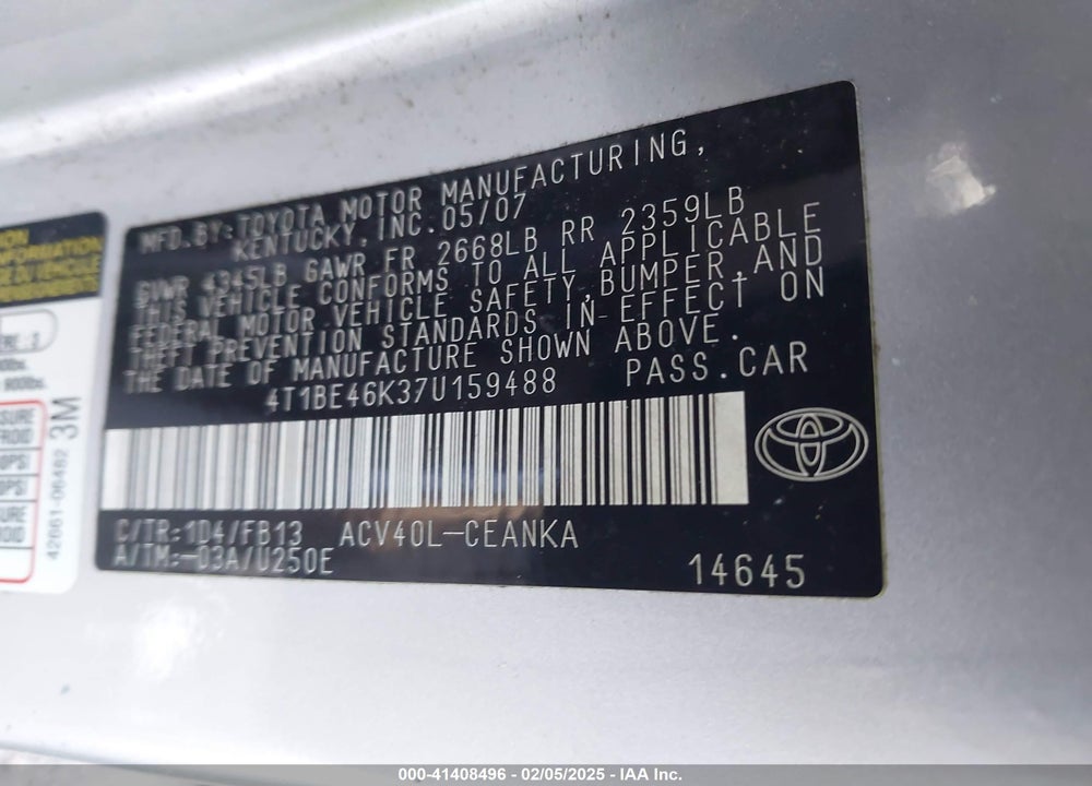 2007 TOYOTA CAMRY LE VIN: 4T1BE46K37U159488