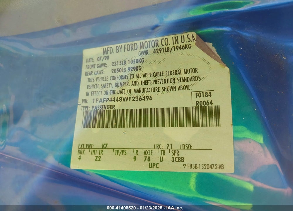 1998 FORD MUSTANG VIN: 1FAFP4448WF236496