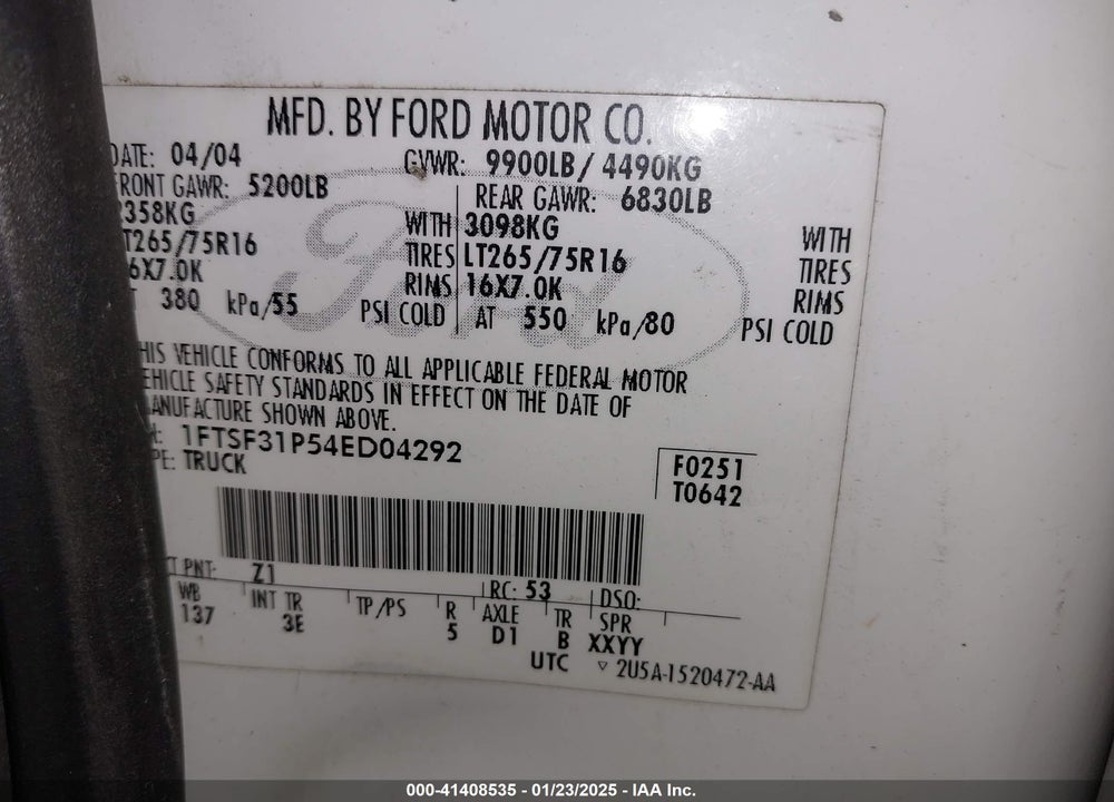 2004 FORD F-350 XL/XLT VIN: 1FTSF31P54ED04292
