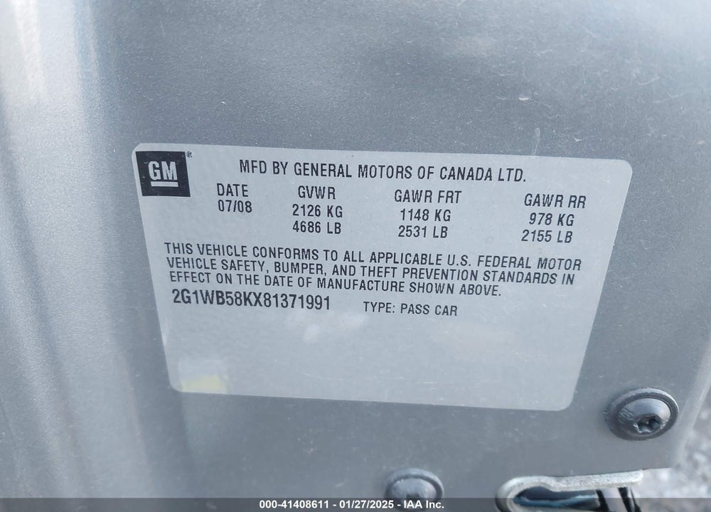 2008 CHEVROLET IMPALA VIN: 2G1WB58KX81371991