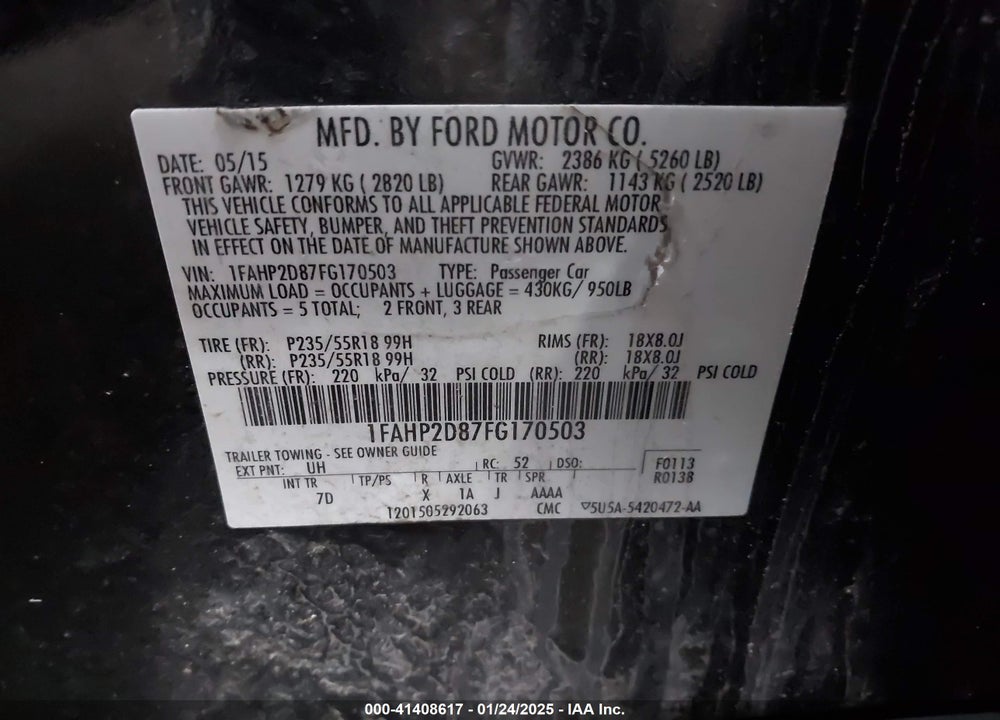 2015 FORD TAURUS VIN: 1FAHP2D87FG170503