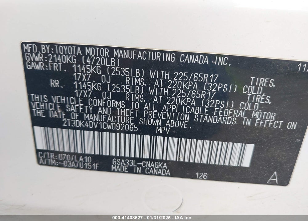 2012 TOYOTA RAV4 VIN: 2T3DK4DV1CW092065