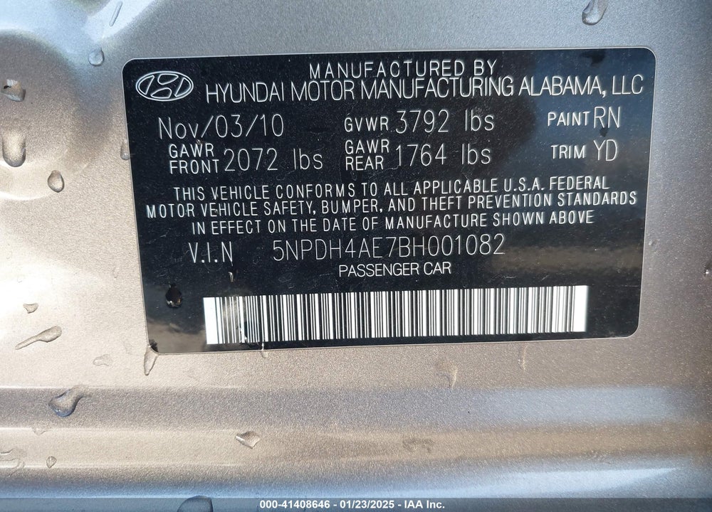 2011 HYUNDAI ELANTRA GLS VIN: 5NPDH4AE7BH001082