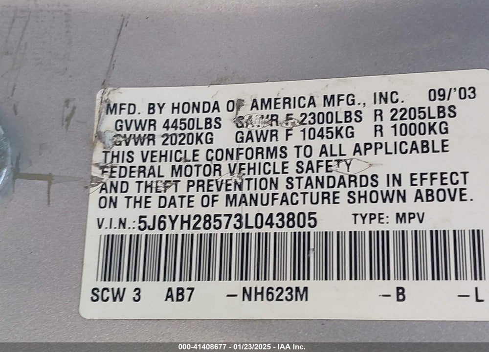 2003 HONDA ELEMENT EX VIN: 5J6YH28573LO43805