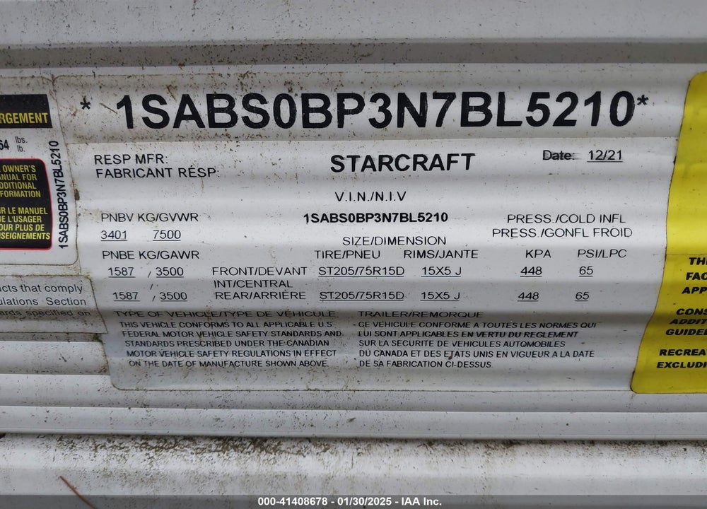 2022 STARCRAFT OTHER VIN: 1SABS0BP3N7BL5210