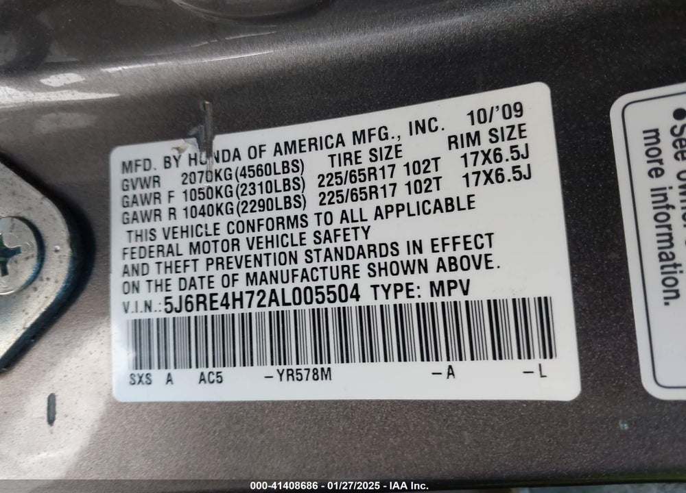 2010 HONDA CR-V EX-L VIN: 5J6RE4H72AL005504