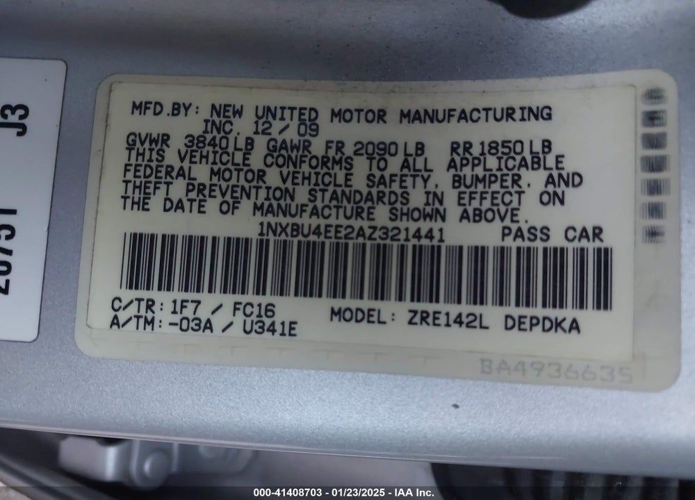2010 TOYOTA COROLLA VIN: 1NXBU4EE2AZ321441