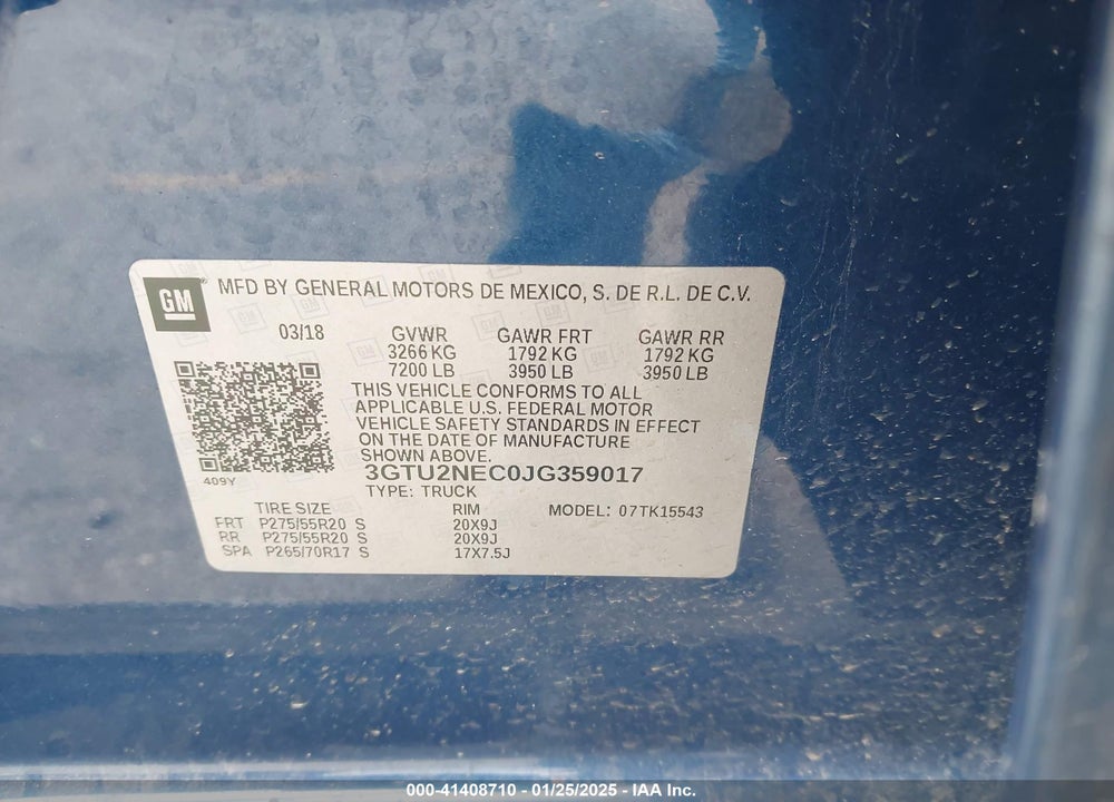 2018 GMC SIERRA 1500 VIN: 3GTU2NEC0JG359017
