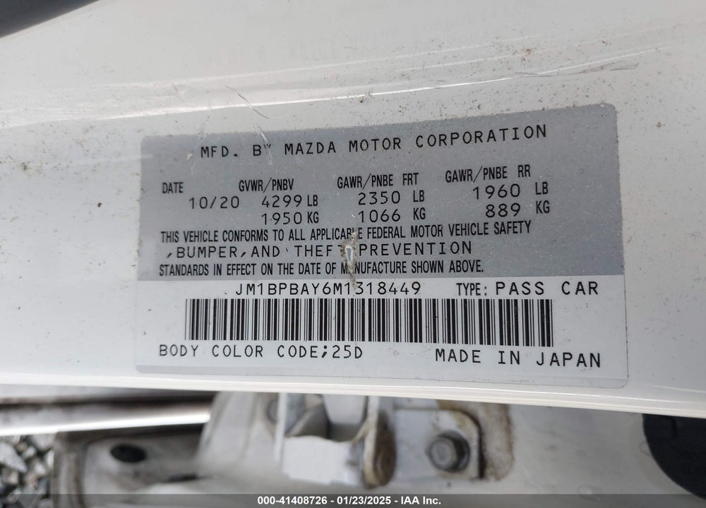 2021 MAZDA MAZDA3 VIN: JM1BPBAY6M1318449