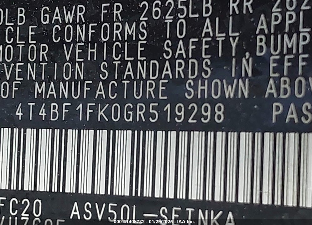 2016 TOYOTA CAMRY VIN: 4T4BF1FK0GR519298