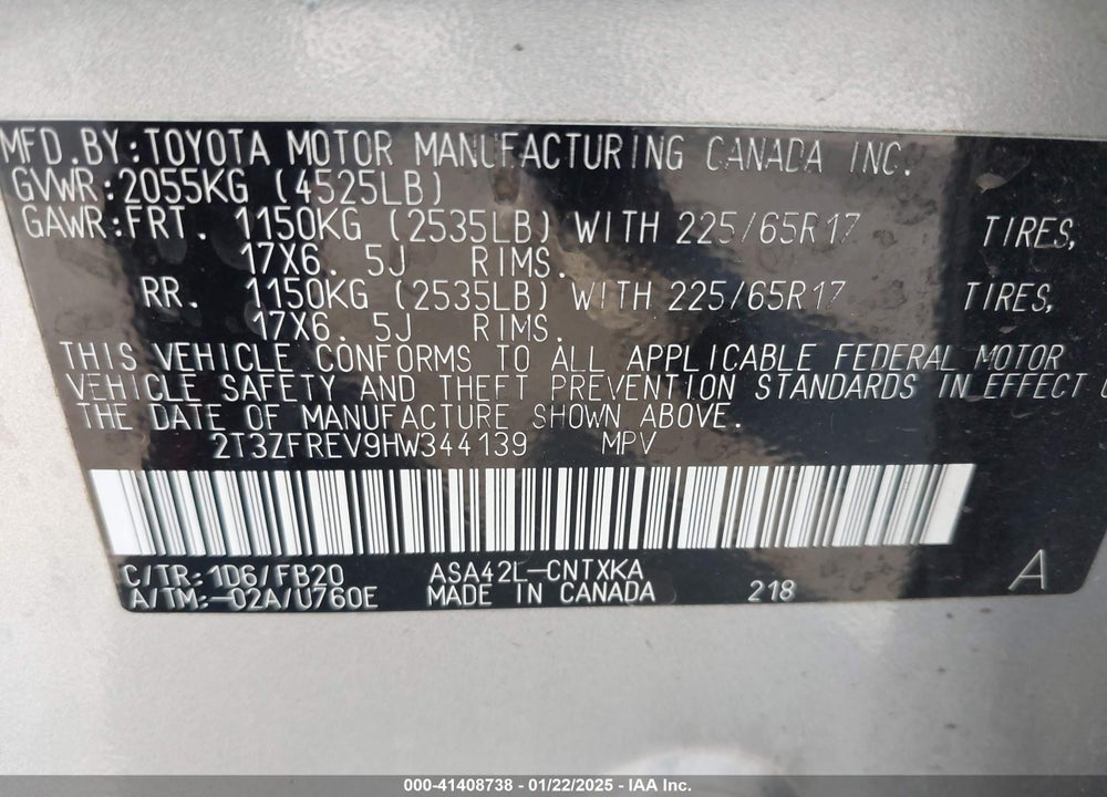 2017 TOYOTA RAV4 VIN: 2T3ZFREV9HW344139