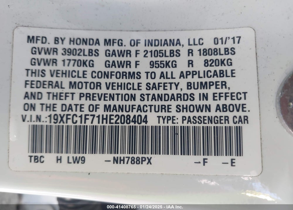 2017 HONDA CIVIC VIN: 19XFC1F71HE208404