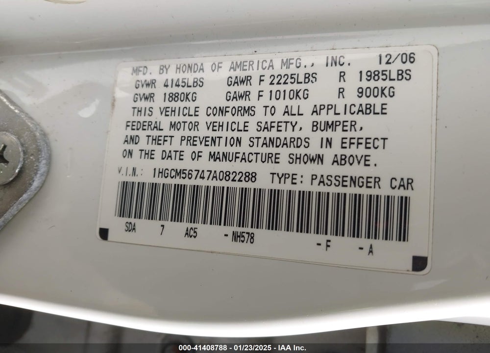 2007 HONDA ACCORD VIN: 1HGCM56747A082288