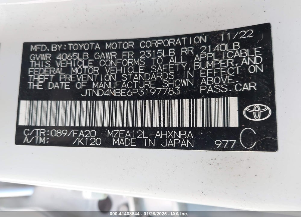 2023 TOYOTA COROLLA VIN: JTND4MBE6P3197783