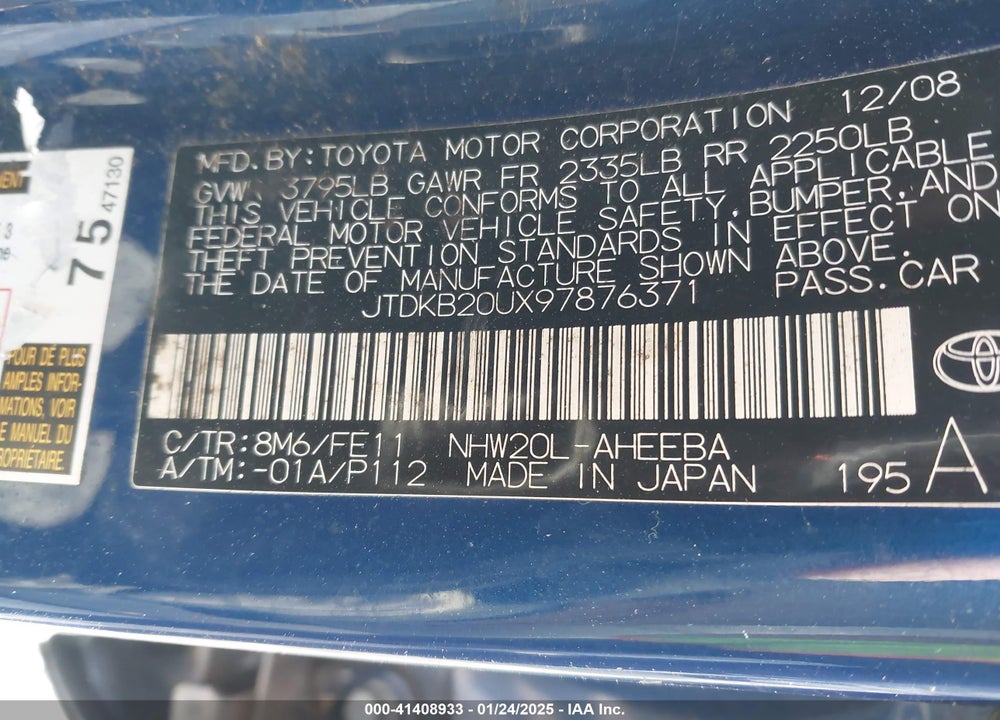 2009 TOYOTA PRIUS VIN: JTDKB20UX97876371