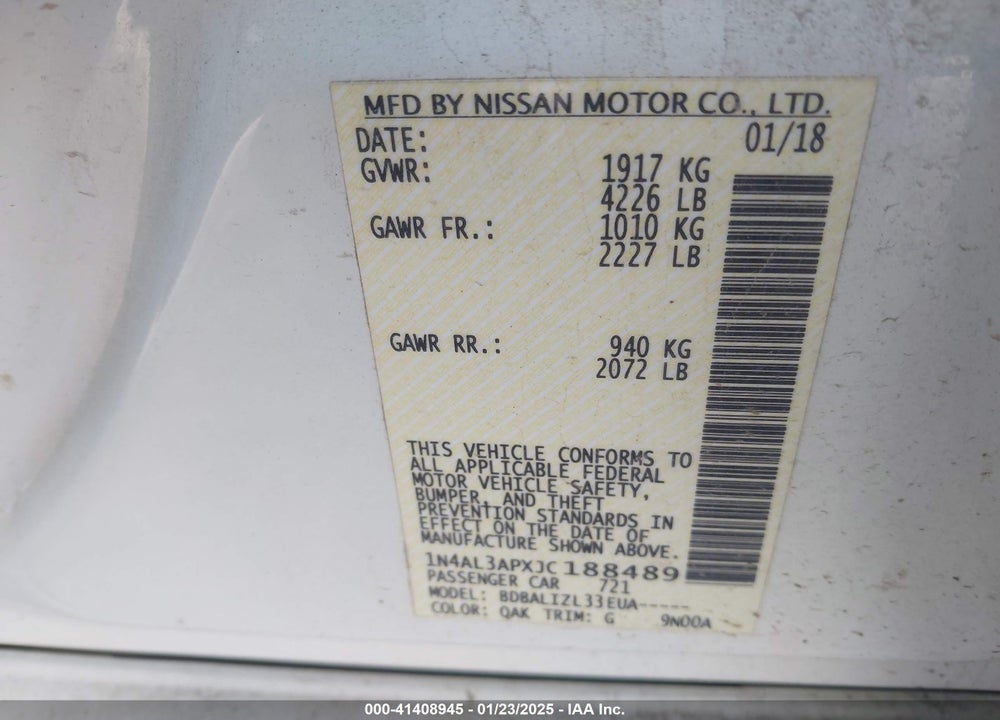 2018 NISSAN ALTIMA VIN: 1N4AL3APXJC188489