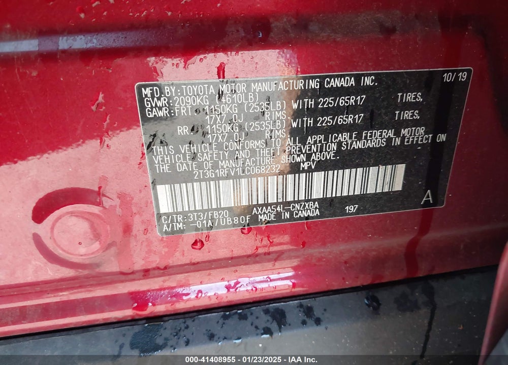 2020 TOYOTA RAV4 VIN: 2T3G1RFV1LC068232