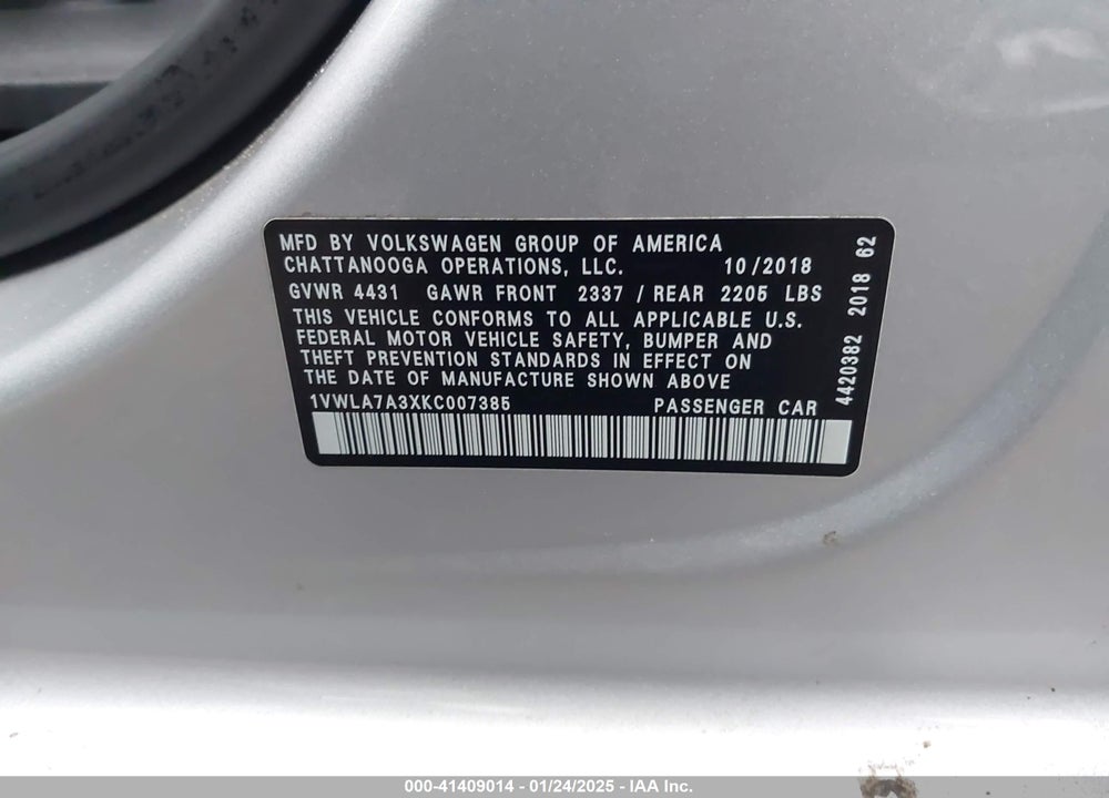 2019 VOLKSWAGEN PASSAT VIN: 1VWLA7A3XKC007385