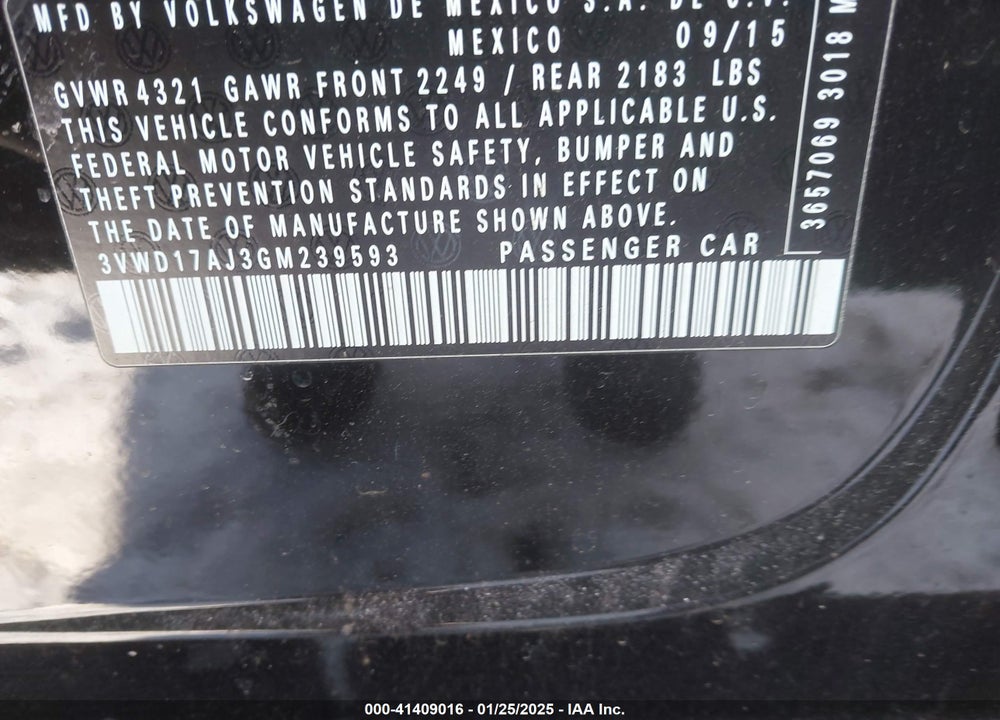 2016 VOLKSWAGEN JETTA VIN: 3VWD17AJ3GM239593