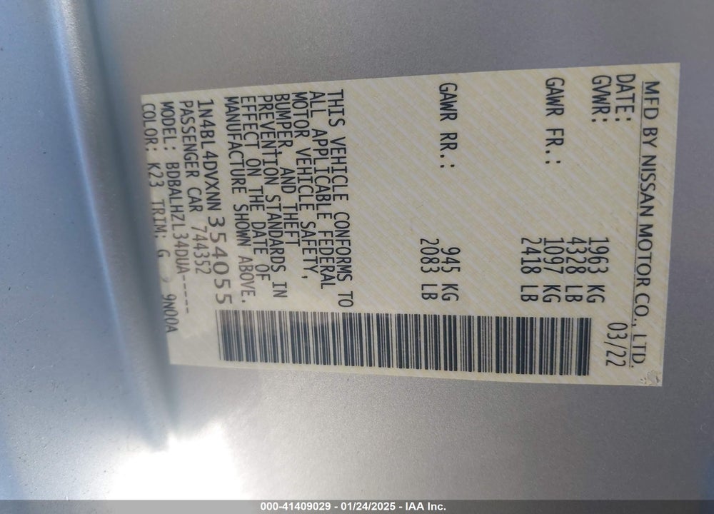 2022 NISSAN ALTIMA SV FWD VIN: 1N4BL4DVXNN354055