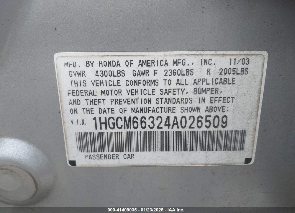 2004 HONDA ACCORD 3.0 LX VIN: 1HGCM66324A026509