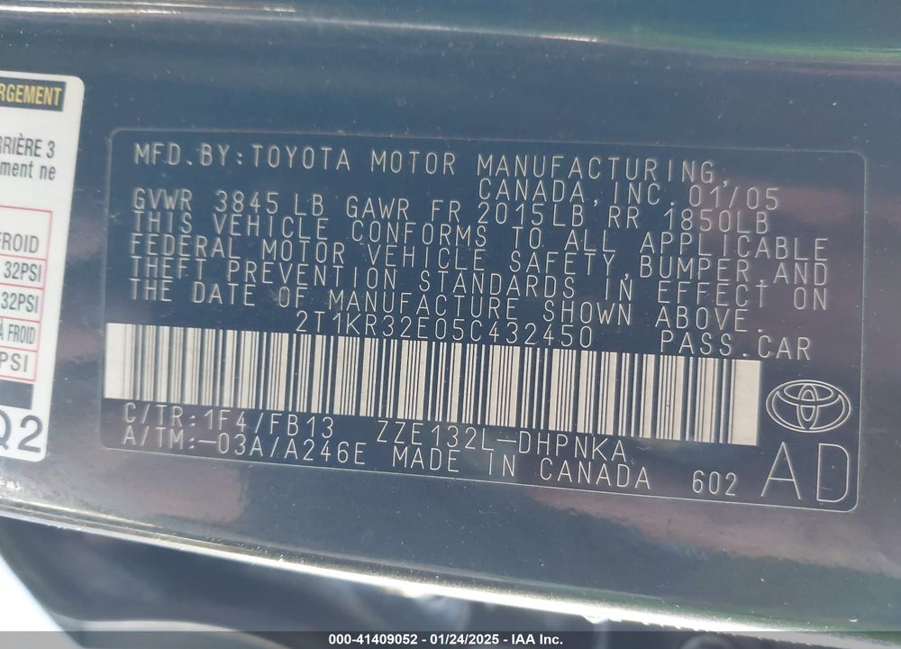 2005 TOYOTA MATRIX/XR VIN: 2T1KR32E05C432450