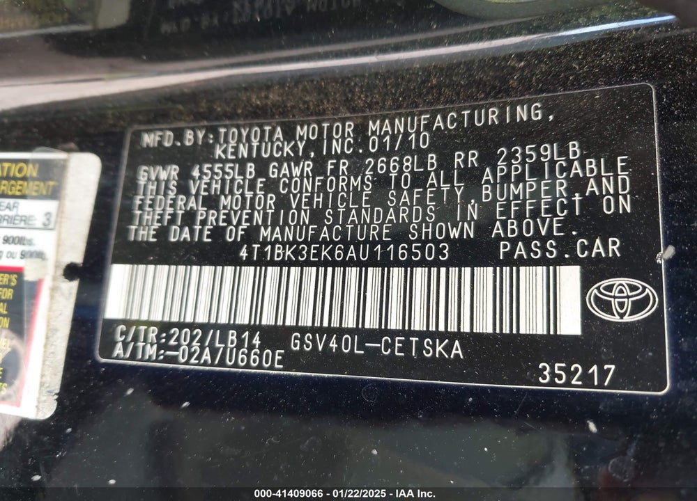 2010 TOYOTA CAMRY SE V6 VIN: 4T1BK3EK6AU116503