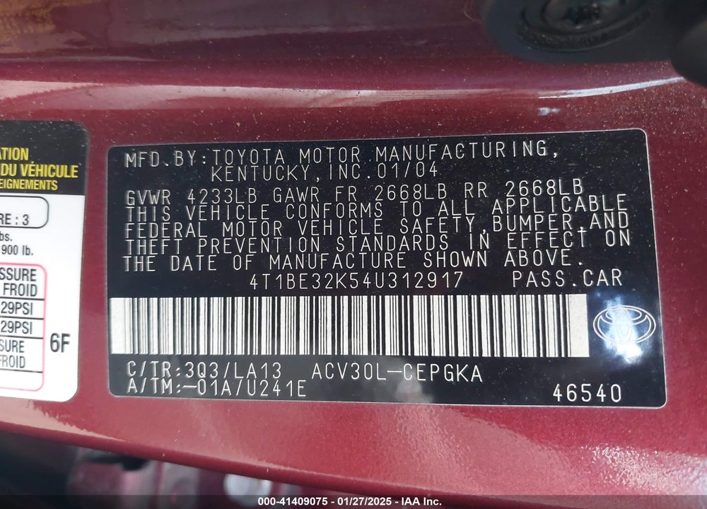 2004 TOYOTA CAMRY XLE VIN: 4T1BE32K54U312917