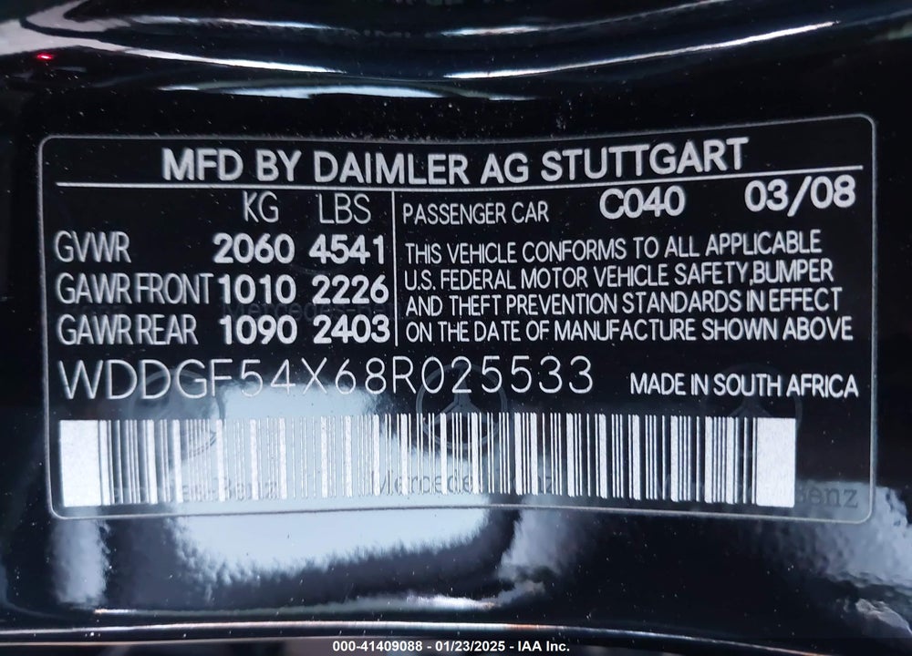 2008 MERCEDES-BENZ C 300 VIN: WDDGF54X68R025533