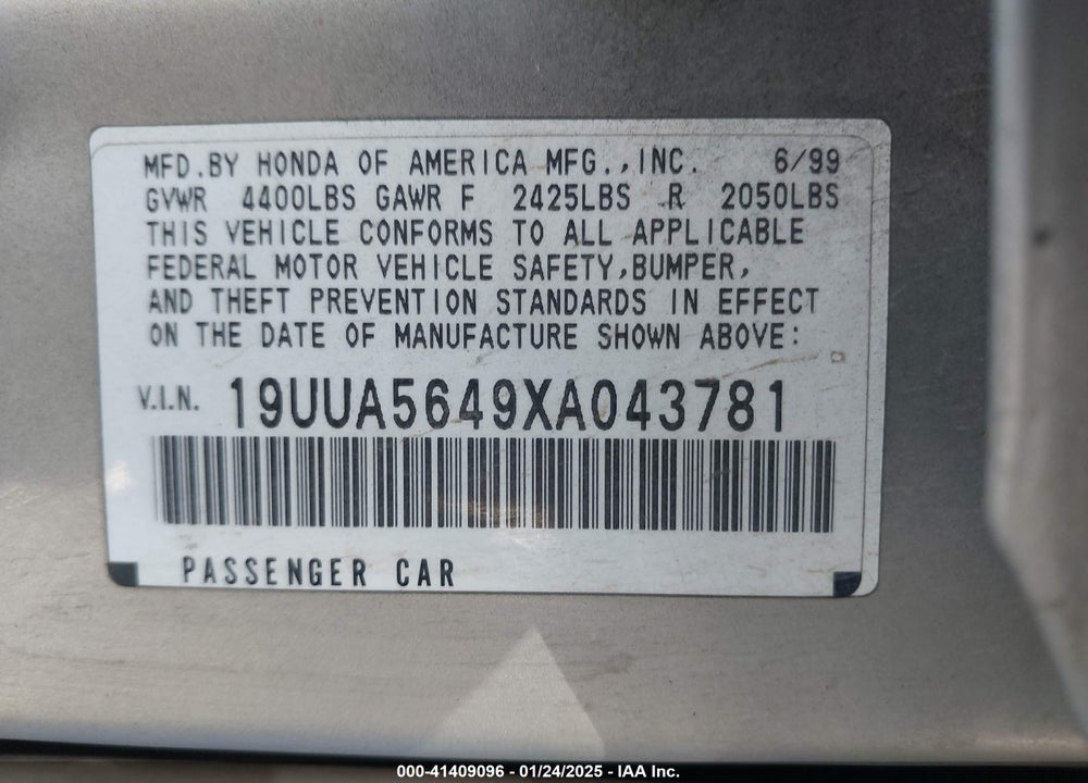 1999 ACURA TL 3.2 VIN: 19UUA5649XA043781