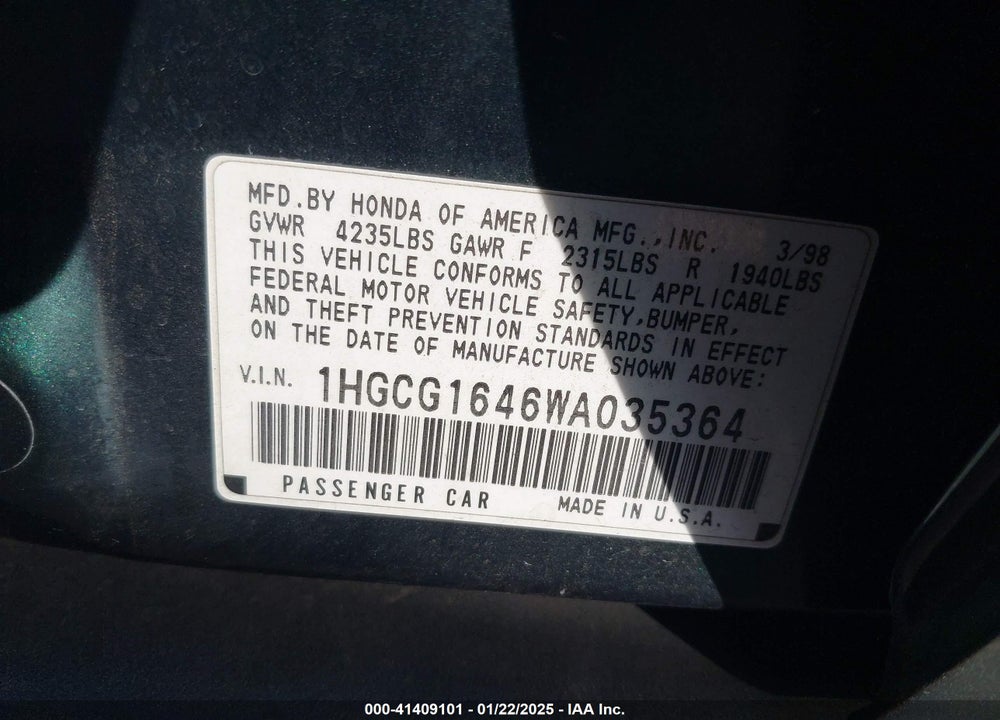 1998 HONDA ACCORD LX V6 VIN: 1HGCG1646WA035364