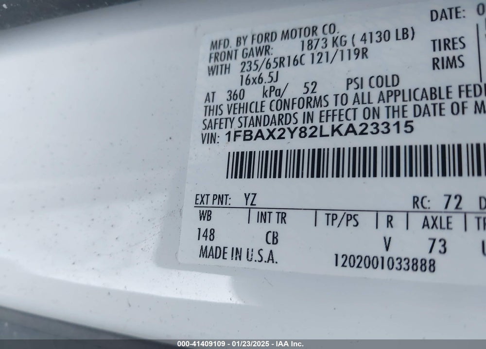 2020 FORD TRANSIT-350 PASSENGER VAN XLT VIN: 1FBAX2Y82LKA23315