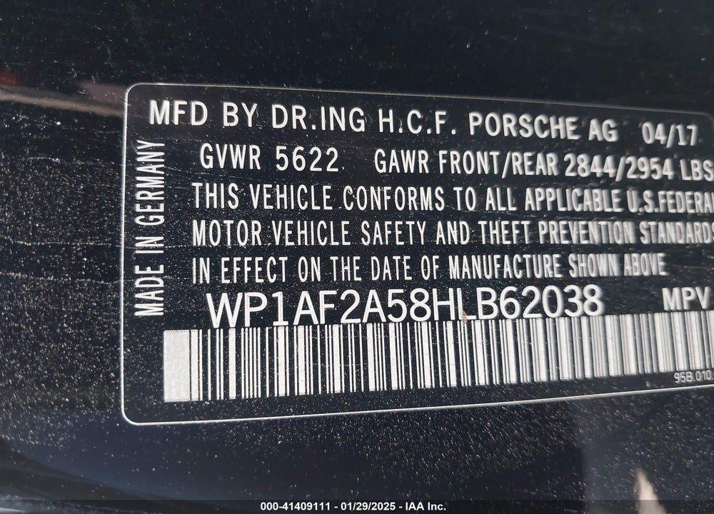 2017 PORSCHE MACAN VIN: WP1AF2A58HLB62038