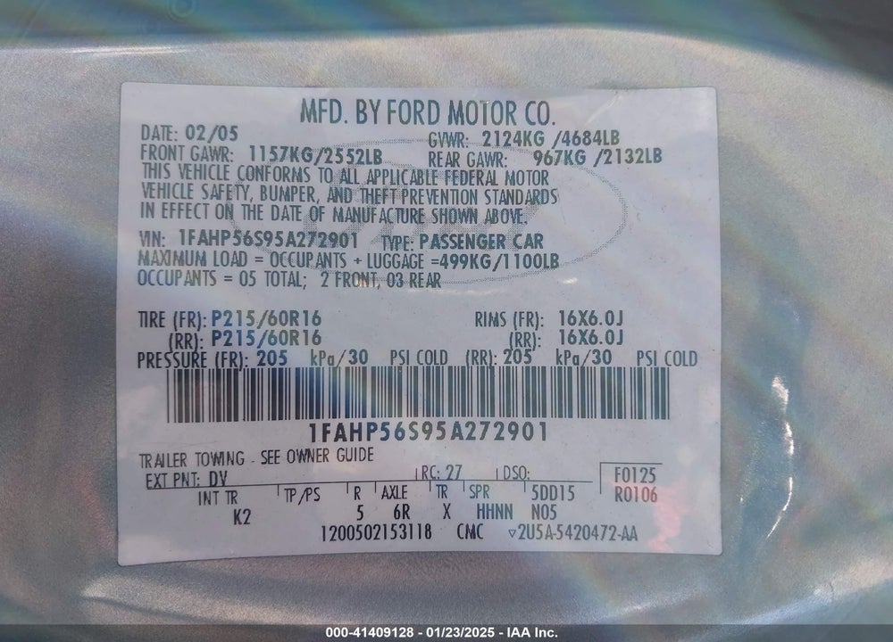 2005 FORD TAURUS SEL VIN: 1FAHP56S95A272901