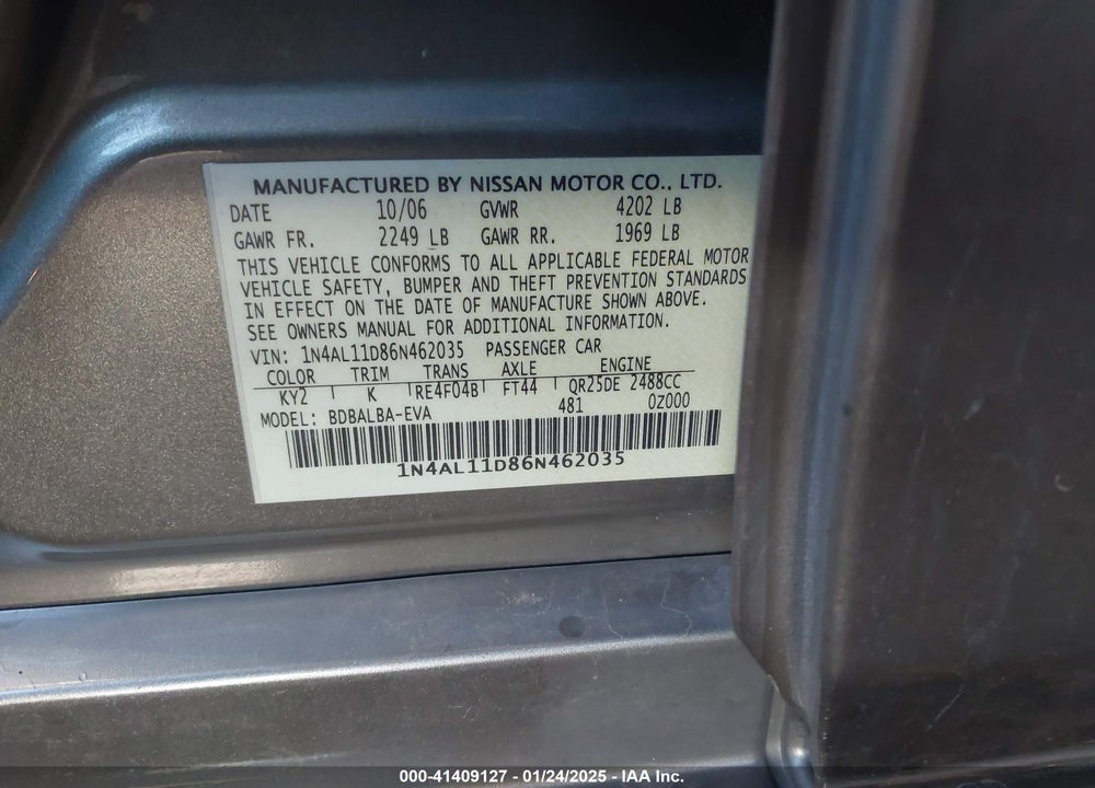 2006 NISSAN ALTIMA 2.5 S VIN: 1N4AL11D86N462035