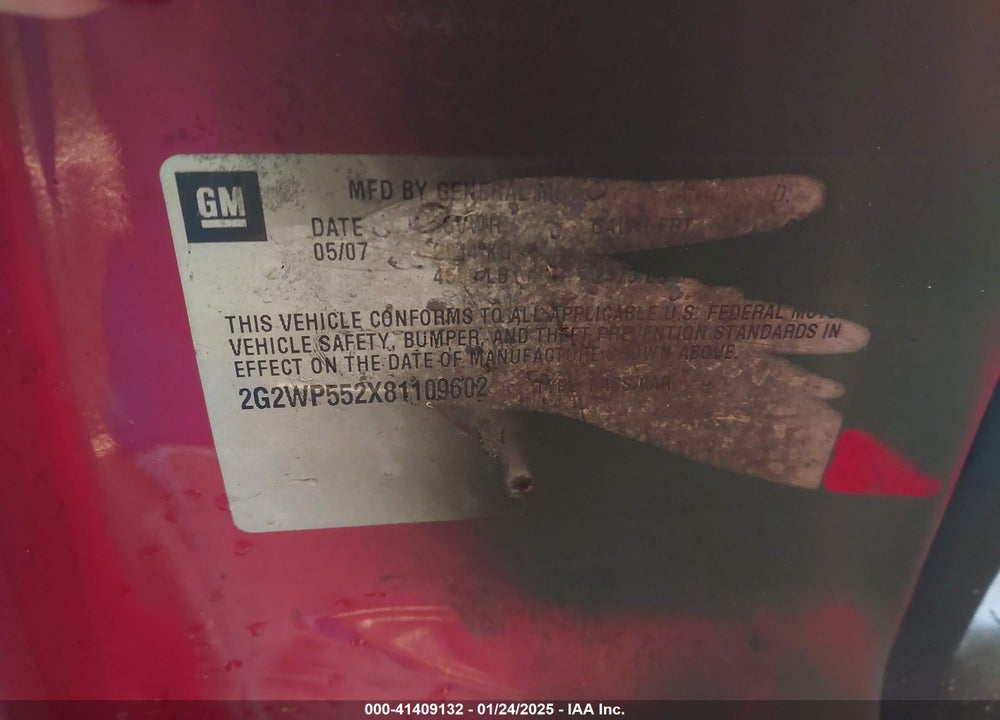 2008 PONTIAC GRAND PRIX VIN: 2G2WP552X81109602