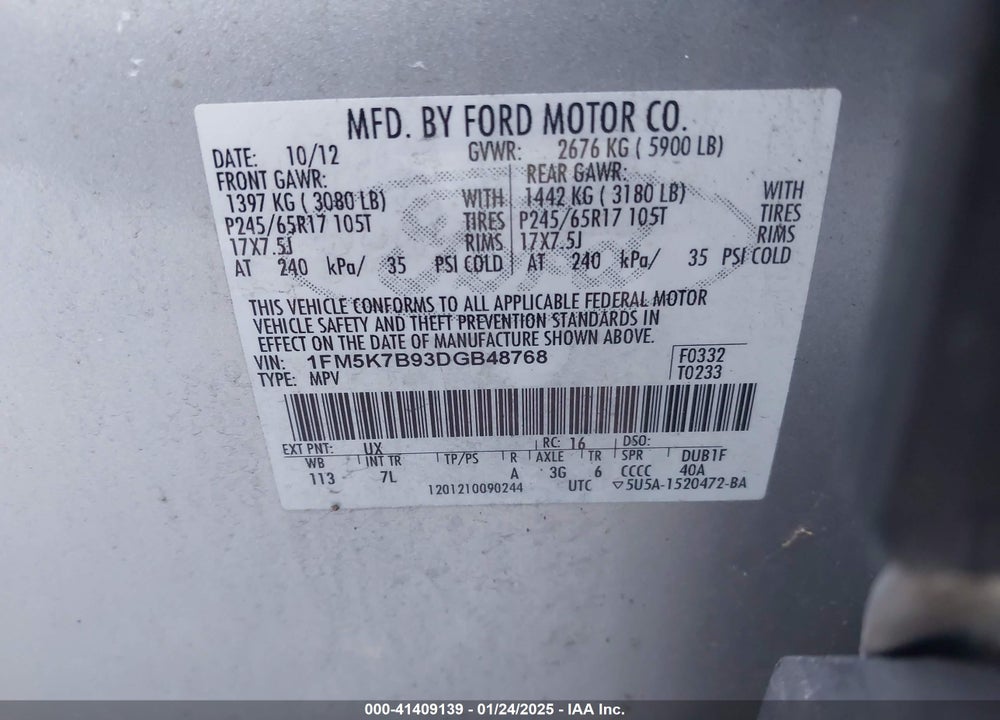 2013 FORD EXPLORER VIN: 1FM5K7B93DGB48768