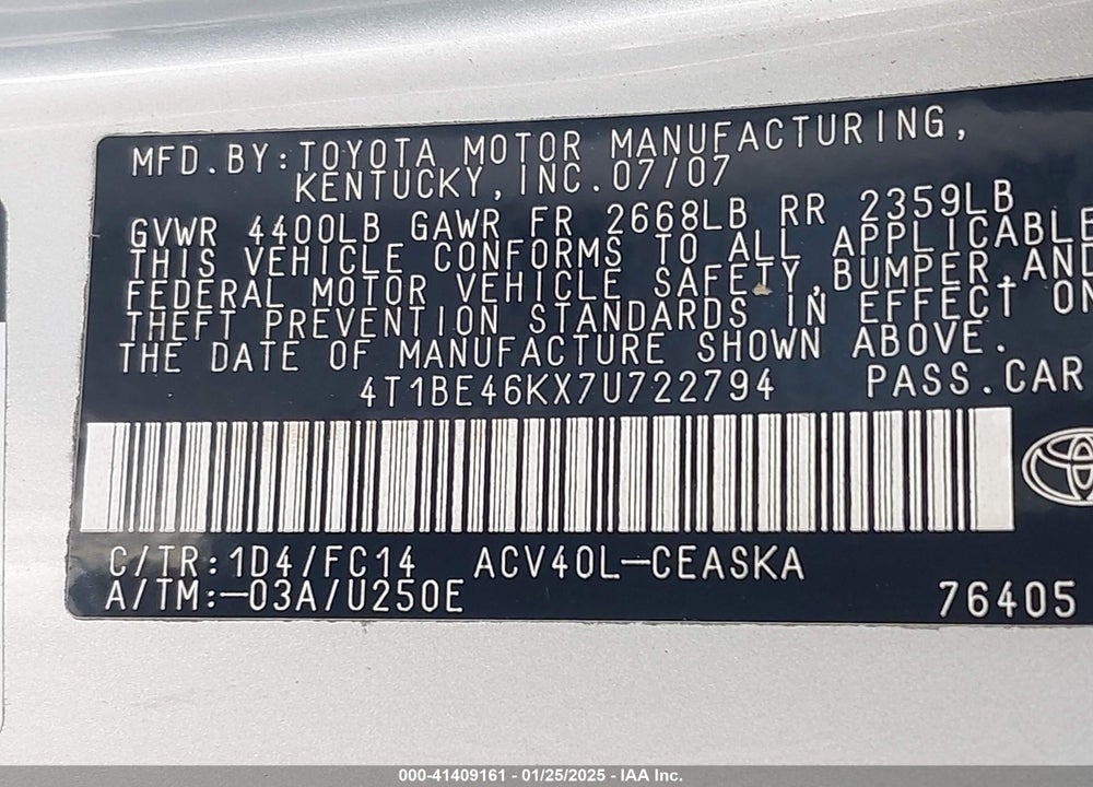 2007 TOYOTA CAMRY VIN: 4T1BE46KX7U722794