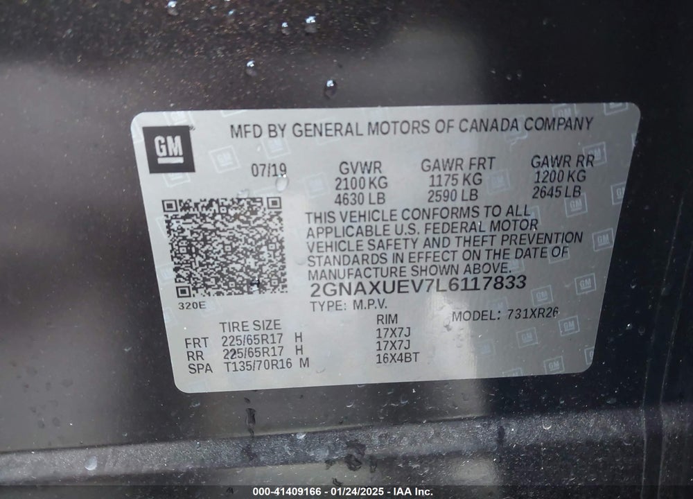 2020 CHEVROLET EQUINOX AWD LT 1.5L TURBO VIN: 2GNAXUEV7L6117833