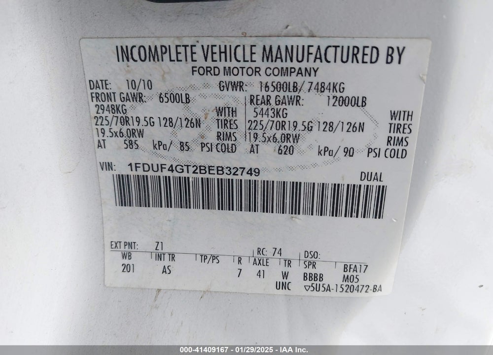 2011 FORD F-450 CHASSIS XL VIN: 1FDUF4GT2BEB32749